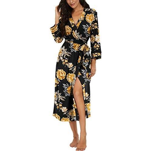VINTATRE Women Kimono Robes Long Knit Bathrobe Lightweight Soft Knit Sleepwear V-neck Casual Ladies Loungewear