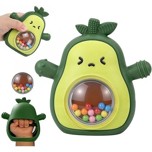 Baby Rattle Teething Toys Silicone Avocado Teething Mitten Over 3 Months-Sensory Toys for Grasping Chewing Sucking Hearing Needs-Baby Teether for Teething Relief-BPA Free Infant Toys Baby Shower Gifts