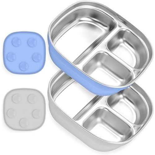 Stainless Steel Toddler Plate with Suction, Divided Deeper Baby Plates with Removable Silicone Sleeves for Kids, BPA Free| Non Toxic| Removable Base| Unbreakable Dinnerware 2 pack（Blue + Grey）