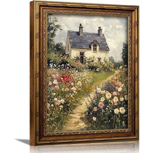3D Textured Canvas Wall Art Vintage Carved Gold Frame Vintage Country Farmhouse Wildflower Nature Floral Relief Poster Print Artwork for Bedroom, Bathroom, Living Room Office Home Decor