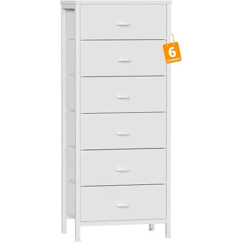 Furnulem White Tall Dresser for Bedroom,Vertical Storage Tower Unit and End Table with 6 Drawers, Nightstand Furniture with Fabric Drawer Organizer in Living Room,Closet,Entryway,Hallyway