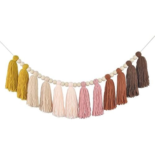 DrCor Boho Sunburst Tassel Garland – Blush & Mustard Yarn Banner with Wooden Beads for Classroom, Daycare, Preschool, Teachers' Day, Nursery & Kids Room Decor