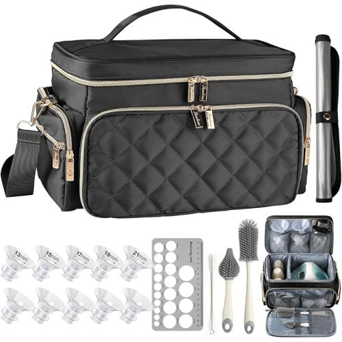 Breast Pump Bag Kit for Spectra S1/S2, Pumping Bag with Bottle Brush Set, 10 Flange Inserts for 24mm Flange, Nipple Ruler, Waterproof Mat, Pump Carrying Case for Work, Travel, Black