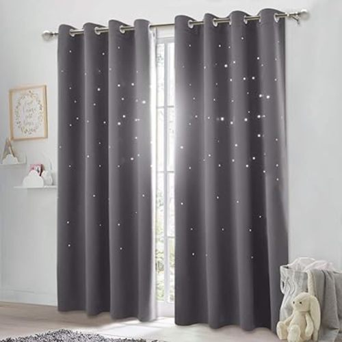NICETOWN Twinkle Star Curtain for Nursery - Starry Night Sleep-Enhancing Cosmic Themed Curtain Stars, Draft Blocking Blackout Panel (1 Pack, W52 x L84 inches, Gray)
