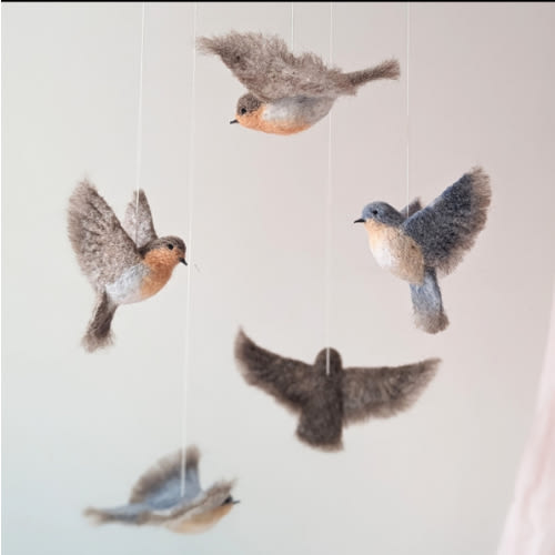 Needle Felted Bird Baby Mobile: Bluebirds & Robin Nursery Decor