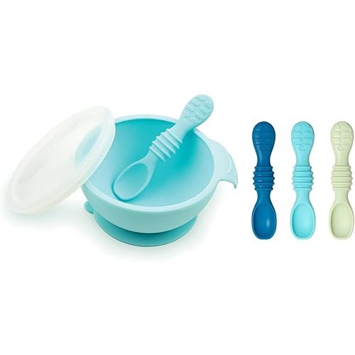 Bumkins Baby Bowl, Silicone Feeding Set with Suction for Baby and Toddler, Includes 4 Spoons and Lid, First Feeding Set, Training Essentials for Baby Led Weaning for Babies 4 Months Up, Blue