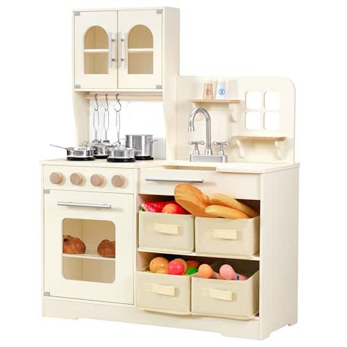PHGLL Play Kitchen for Kids Wooden Toy Playset with Storage System, Chef Pretend Play Set with Oven, Utensils, Cupboard, Sink, Clicking Knobs, Toddler Kitchen Play for Ages 3+