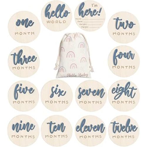 3D Baby Milestone Wooden Circles Hello World Newborn Sign 7 Pack Double Sided Monthly Milestone Cards Sign Baby Announcement Sign for Newborn Shower Photo Props (Slate Blue)