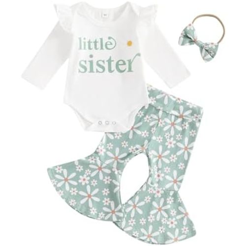 Newborn Baby Girl Fall Outfits Ribbed Long Sleeve Ruffle Romper Floral Flared Pants Headband Set 3Pcs Winter Clothes