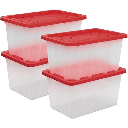 CX BLACK & YELLOW®, XTRA TALL 27-Gallon Heavy Duty Clear Storage Container & Snap-Tight Lid, Clear & Red (28.5”L x 19.4”W x 15.2”H), Weather-Resistant, Stackable, See-Through Organization Tote