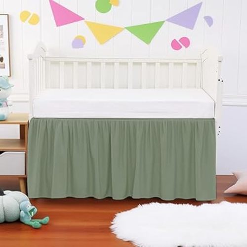 Mini Crib Ruffle Bed Skirt Microfiber Nursery Bedding Skirt for Baby Girls (24” x 38” x 10") Inch - Sage Solid