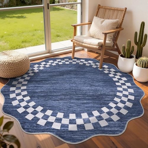 GarveeHome Scalloped Round Rug 4ft Modern Solid Color Circle Rugs Non Slip Low Pile Living Room Throw Carpat Washable Bedroom Scalloped Round Area Rug Stain Resistant Bordered Rug for Kitchen, Blue