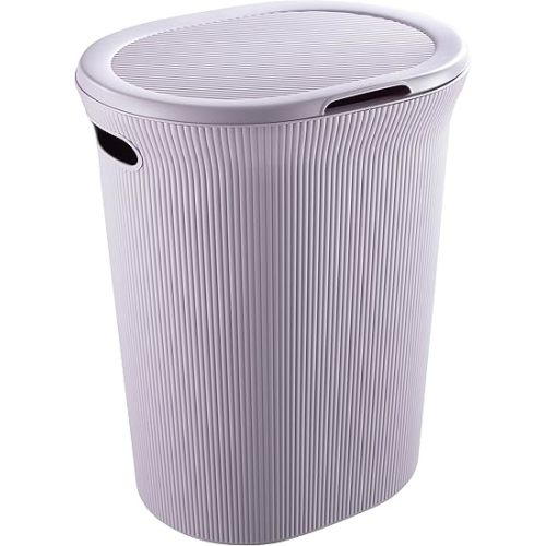Superio Ribbed Collection - Decorative Plastic Laundry Hamper with Lid and Cut-Out Handles, Lilac Purple (1 Pack) Basket Organzier for Bedroom Bathroom College Dorm Room 40 Liter