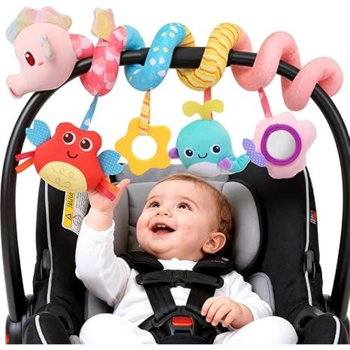 Hanging Car Seat Toys, Spiral Crib & Stroller Activity Toys with Rattles for Babies 0-6 Months, Baby Car Seat Accessories Toy for Developing Sensory & Motor Skills, Ideal Gift for Newborn Infant