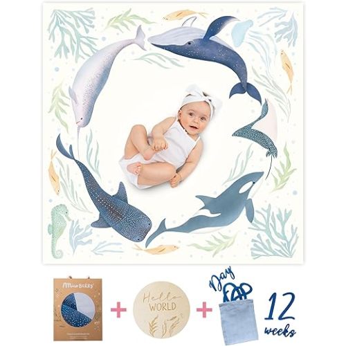 Miaoberry Ocean Baby Milestone Blanket – Monthly Baby Milestone Photo Prop for Boy, Under The Sea Growth Tracker Blanket with Hello World Sign and Registry Must-Have