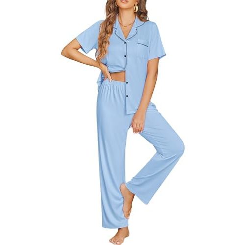 Ekouaer Womens Pajama Sets Button Down Pjs Lounge Sets 2 Piece Short Sleeve Sleepwear Soft Comfy Loungewear