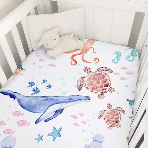 Underwater Ocean Animals Corals Sea Weeds Baby Crib Sheet 52''x28'' Colorful Nautical Life Fitted Crib Mattress Covers for Boy Girl Nursery Toddler Baby Bed Sheet Fits Standard Crib Toddler Mattress