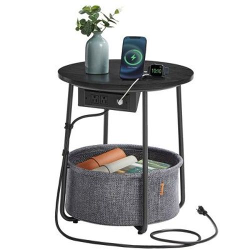 VASAGLE Side Table with Charging Station, Round End Table With Fabric Basket, Nightstand with Power Outlets USB Ports Ebony Black and Slate Gray