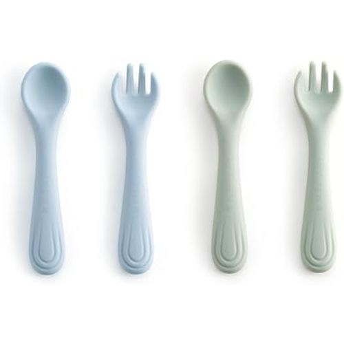 Bc Babycare Portable 4 Pack Baby & Toddler Self Feeding Fork and Spoon Set with Storage Case, BPA-Free Silicone Utensils for Boys and Girls, Safe & Easy to Carry, Blue & Green