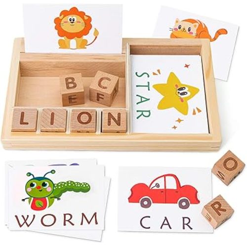 Coogam Spelling Games, Wooden Matching Letters Toy with Flash Cards Words, Montessori ABC Alphabet Learning Educational Puzzle Gift for Preschool Boys Girls Kids Age 3 4 5 Years Old