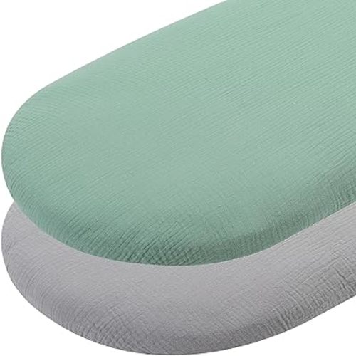 Muslin Bassinet Sheets 30"x 16" Compatible with Fisher-Price Soothing Motions and Dream On Me Lacy Baby Bassinet, 2 Pack 100% Cotton, Grey and Green