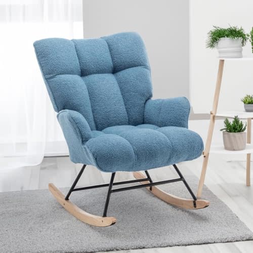 Rocking Chair Nursery Teddy, Upholstered Baby Fluffy Glider Rocker for Adults Indoor, Comfy Sherpa Compact Nursing Chairs for Small Spaces, Living Room, Classroom, Bedroom, Lightblue