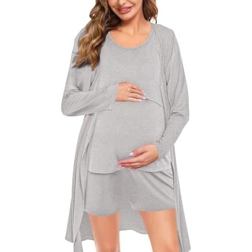 SWOMOG Maternity Nursing Robe Set 3 PCS Women Postpartum Pajamas Breastfeeding Labor Delivery Hospital Pregnancy Pjs