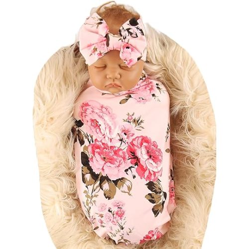 Galabloomer Receiving Blanket Headband Set Flower Print Baby Swaddle Receiving Blankets (Pink Big Flower)