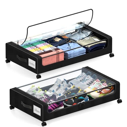 Under Bed Storage with Wheels, 2 Pack Under Bed Storage Containers with Dividers & Clear Lids, XXL 65L Under the bed storage Organizer Bins, Underbed Storage with Wheels for Clothes (Black, 2 Pack)