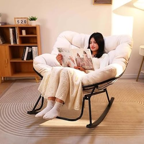 Rocking Chair Nursery, Ergonomic Papasan Chair with Soft Thick Cotton Cushion, Comfy Sofa Recliner Egg Chair for Living Room, Bedroom, Reading Room, Lounge