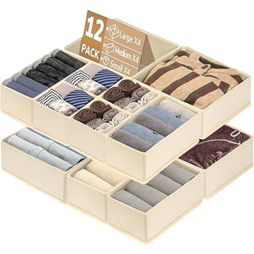 Goodpick Drawer Organizer for Clothes, 12 Pack Dresser Drawer Organizer Bins, Foldable Clothing Dividers and Closet Organizer for Baby Clothing,Underwear, Beige