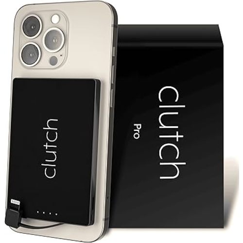 Clutch Pro Portable iPhone Charger for Travel 5000 mAH TSA Approved Magnetic Airplane Safe Portable Charger only Compatible for iPhone 14 & Older Devices with Built-in Lightning Cable 3.7 oz - Black
