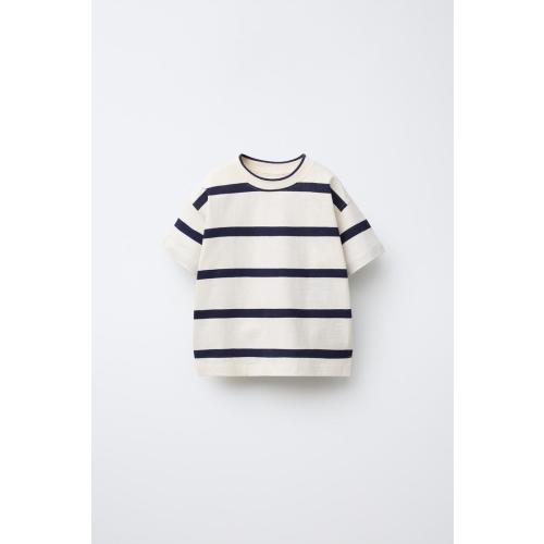 STRIPED T-SHIRT WITH LABEL - Navy blue | ZARA United States