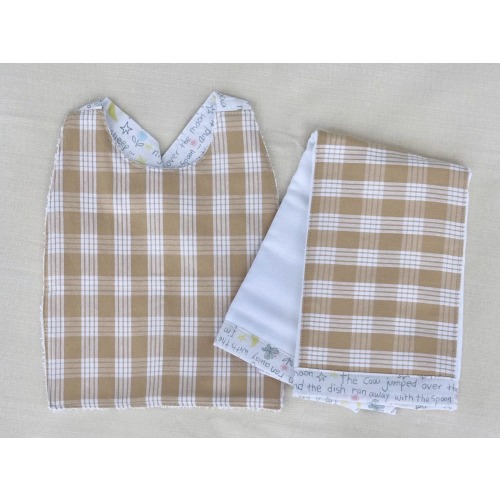 2Pc. Bib/Burp Cloth Set | Beige Palaka Print | Oversized Tie Bib | Premium 6-ply Burp Cloth | Handmade in Hawaii | Baby Shower Gift |Neutral
