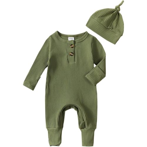 Newborn Outfits Baby Boy Knit jumpsuit Romper Newborn Coming Home Outfit Infant Gender Neutral Clothes - Cute Ribbed Army Green
