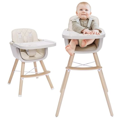 3-in-1 Convertible Wooden High Chair,Baby High Chair with Adjustable Legs & Dishwasher Safe Tray, Made of Sleek Hardwood & Premium Leatherette, Beige Color