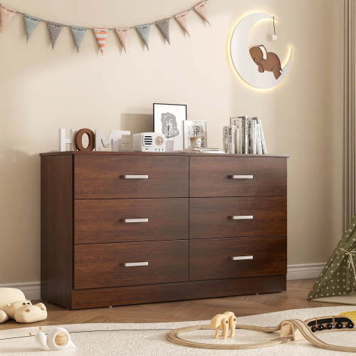 Brown Dresser for Bedroom, Winkalon 6 Drawers Dresser Modern Wood Double Chest of Drawers for Bedroom Living Room