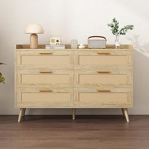 6 Drawers Dresser for Bedroom, Rattan Dresser with Power Outlet, 47'' W TV Stand Chests of Drawers, Oak Wood Storage Dressers for Kids Room, TV, Living Room, Entryway