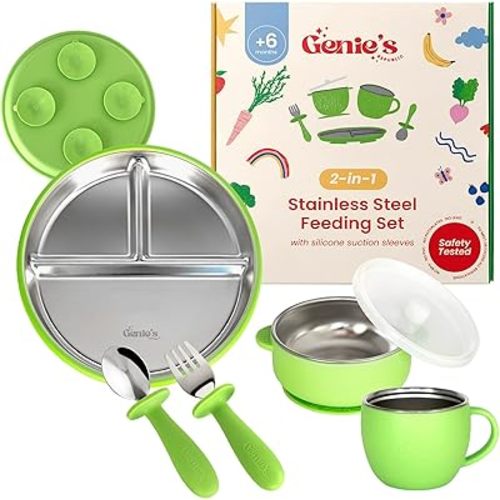 Genie's Republic | Stainless Steel Baby Plates & Bowls Set with Suction | Toddler Feeding Set | Non-Toxic | BPA-Free | 100% Food-Grade | Dishwasher Safe
