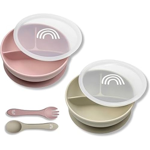 Hippypotamus Suction Bowls with Lids & Utensils - Baby & Toddler - 100% Food-Grade Silicone Divided Bowls - BPA Free - Dishwasher Safe - Set of 2 (Blush/Nude)