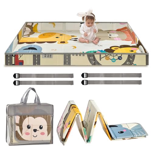 VEVOR Baby Play Mat, 55""x71"" Baby Crawling Mat, Non-Slip One-Piece Foam Baby Playmat, Foldable Portable Reversible Floor Mat with Travel Bag, Waterproof Activity Playmats for Babies, Toddlers, Infan