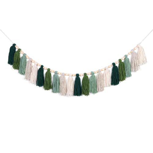 GIAUMA Green Tassel Garland with Wood Bead Jungle Leaves Woodland Forest Boho Wall Hanging Tassels Bunting Banner for Classroom Nursery Dorm Kids Bedroom Room Baby Shower Birthday Party Office Decor