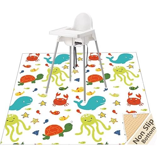 WOMUMON Splat Mat for Under Highchair/Arts/Crafts, Baby Reusable Waterproof Anti-Slip Floor Splash Mat, Portable Play Mat and Table Cover (51", Seaworld)