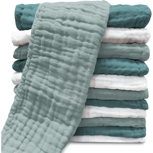 Muslin Burp Cloths for Baby 100% Cotton Burping Cloths for Unisex, Boy, Girl - Large 20'' by 10'' Newborn Essentials Ultra Soft Absorbent Milk Spit Up Rags - 12 Pack - White+Light Emerald Series