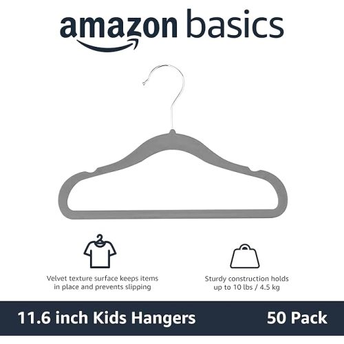 Amazon Basics Kids Velvet, Non-Slip Clothes Hangers for Infant and Toddler, 11.6 inches (for baby clothes), Pack of 50, Gray