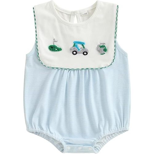 Newborn Baby Boy Golf Outfit Golf Cart Embroidery Bubble Romper Sleeveless Striped Bodysuit Infant Summer Clothes