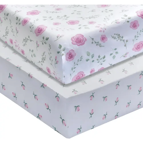 EVERYDAY KIDS 2 Pack Fitted Girls Crib Sheet, 100% Soft Breathable Microfiber Baby Sheet, Fits Standard Size Crib Mattress 28in x 52in, White and Pink Nursery Sheets with Flowers, Roses and Rosebuds