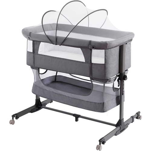 Nordmiex 3-in-1 Modern Unisex Baby Crib - Adjustable Bedside Sleeper with Breathable Net in Full-Size, Gray
