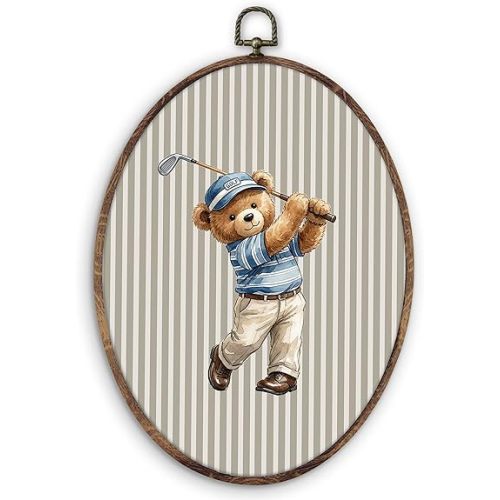 DILSJ Vintage Golf Bear Nursery Oval Wall Art Decor, Sports Canvas Wall Art Framed, Neutral Striped Golfer Bear Hanging Decorations for Kids Boys Room Bedroom Playroom Sports Room, 8.5x11 Inch
