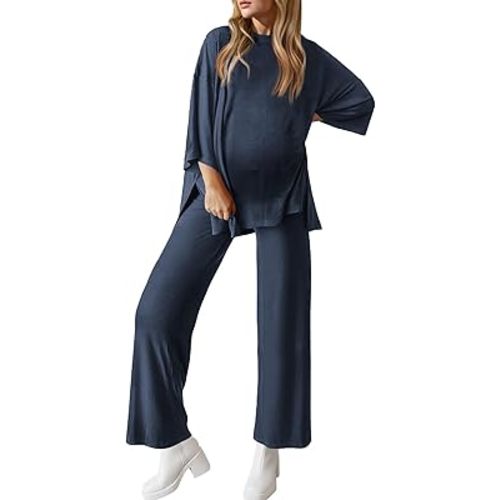 Womens Maternity Pajamas Sets 2 Piece Outfits Long Sleeve Tops and Pregnancy Loungewear Mama Clothes with Pockets